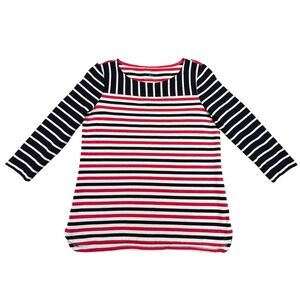 Talbots Shirt Women's Petite Small 1/2 Sleeve Red Black Stripes White Tunic